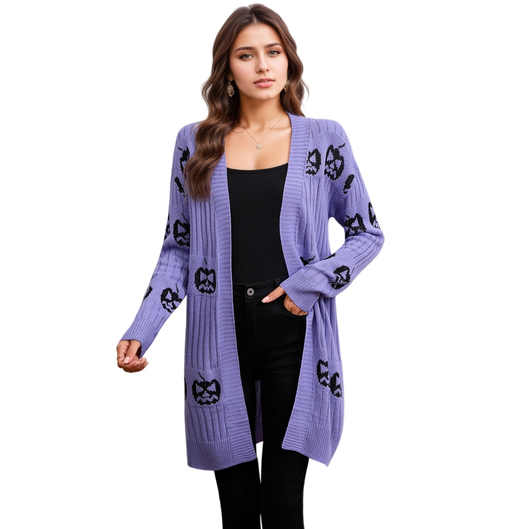 Halloween Knit Cardigan Womens Long Open Front Sweater Holiday Outerwear Coat
